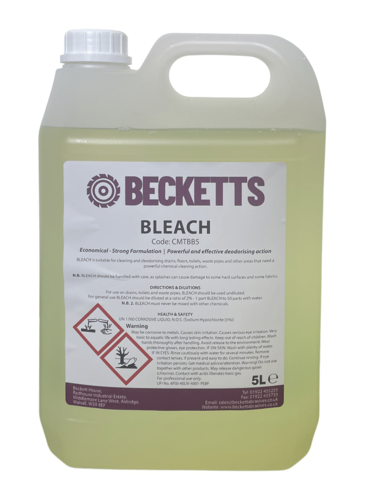 Bec Bleached Toilet & Washroom Chemicals BEC BLEACH 5% 5ltr - Beckett Abrasives Website